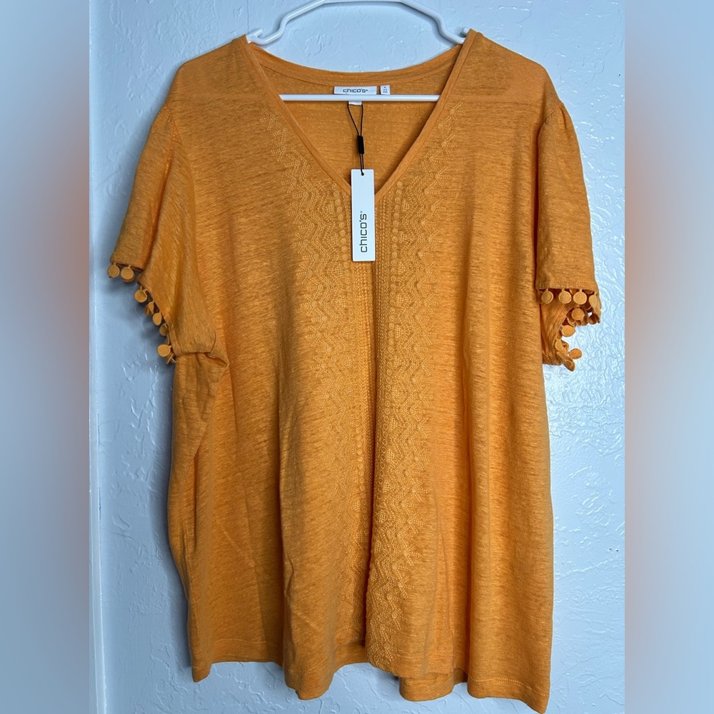 Chico's Vibrant Orange Blouse with Pom-Pom Detail Size XXL NWT Maximalist - Picture 3 of 9